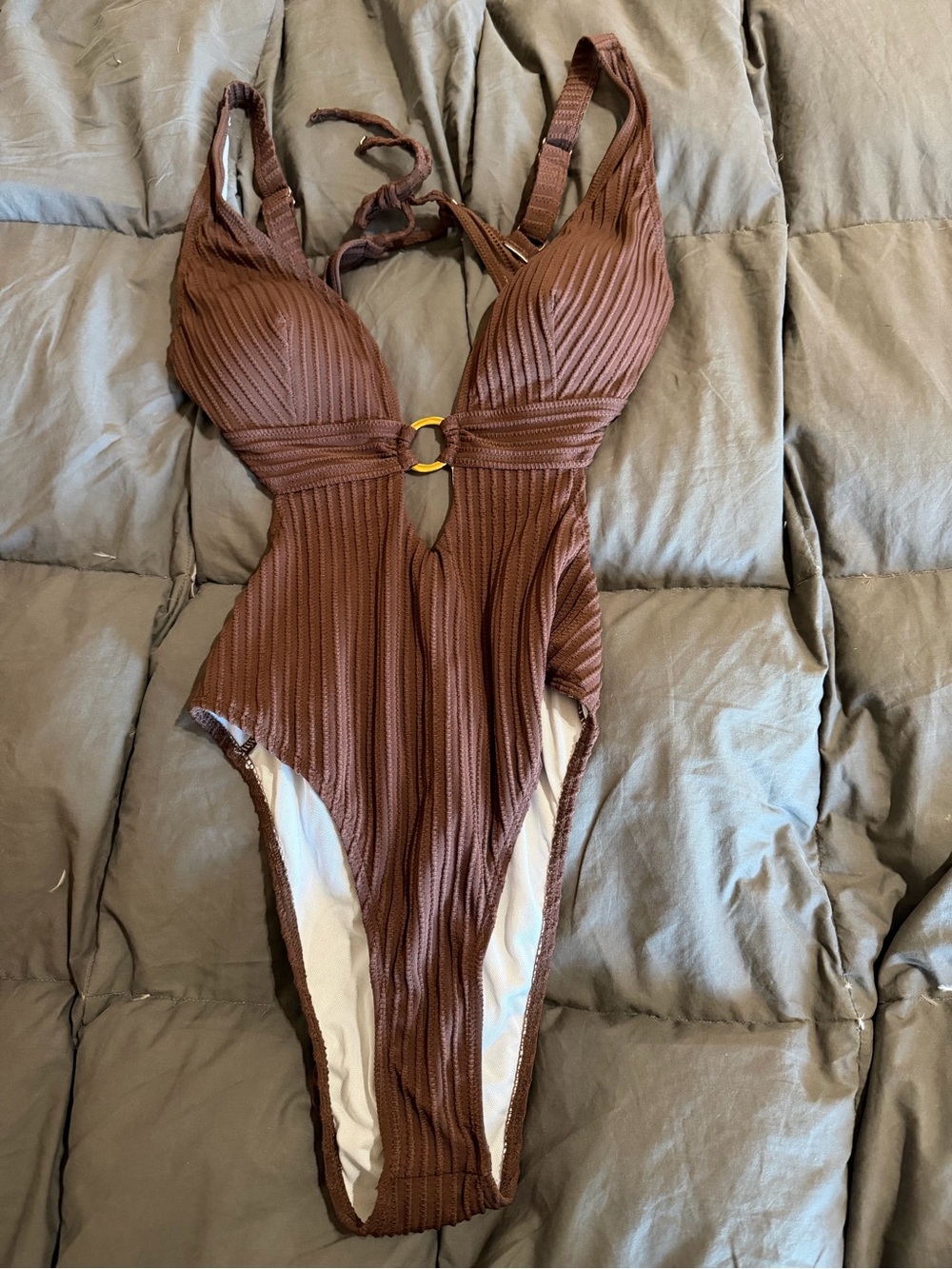 Ribbed Brown One-Piece Swimsuit with Gold Ring
